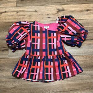 Crosby By Mollie Burch Rooney Top SZ XS Plaid Please Pink Blue Puff Sleeve